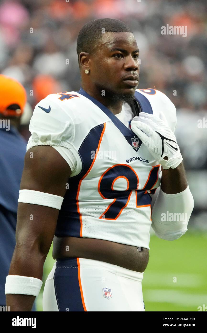 Denver Broncos linebacker Aaron Patrick warms up before a preseason NFL  football game against the Buffalo Bills in Orchard Park, N.Y., Saturday,  Aug. 20, 2022. (AP Photo/Adrian Kraus Stock Photo - Alamy