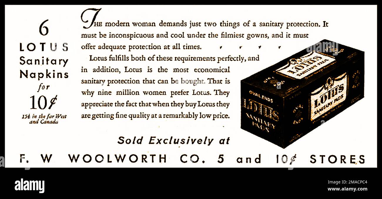 1930s Un anuncio estadounidense de toallas sanitarias de la marca Lotus de Woolworth. / servilletas Foto de stock