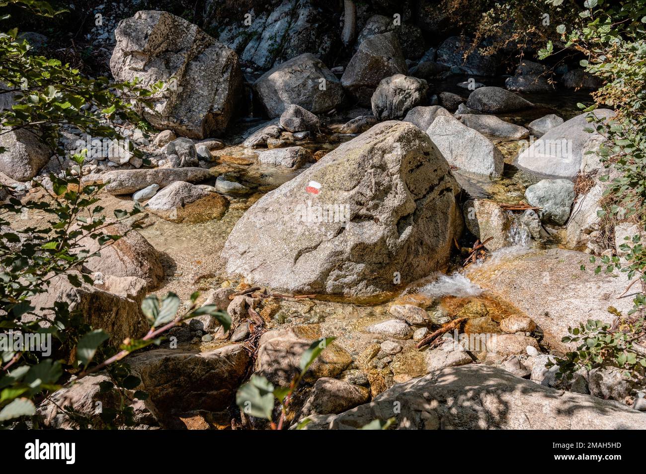 Rocas en el arroyo entre Vizzavona y E Capanelle, GR20, Córcega, Francia Foto de stock