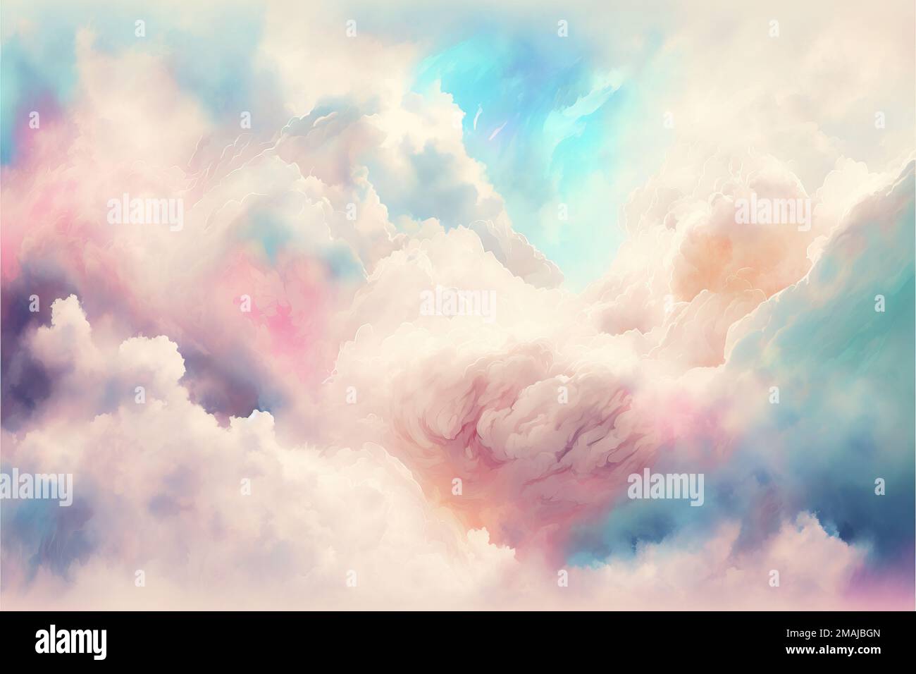 una pintura de nubes en un cielo pastel con un cielo azul en el fondo y un  cielo rosa en el medio de la imagen con una nube blanca en el medio