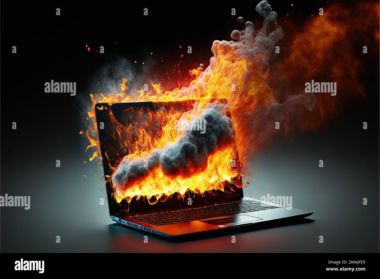 una computadora portátil con un fuego en la pantalla está en llamas y
