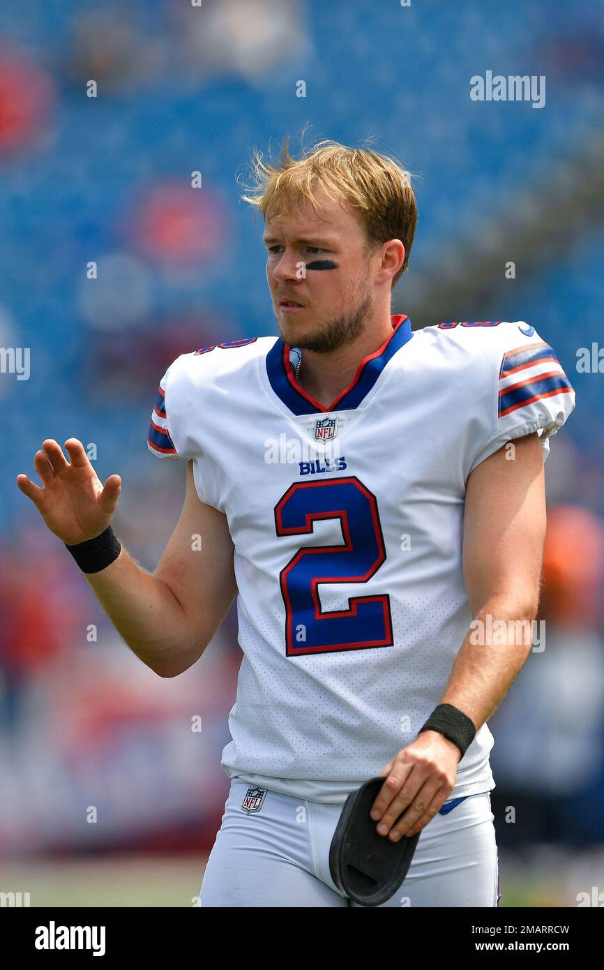 Buffalo Bills kicker Tyler Bass (2) warms up on the field before