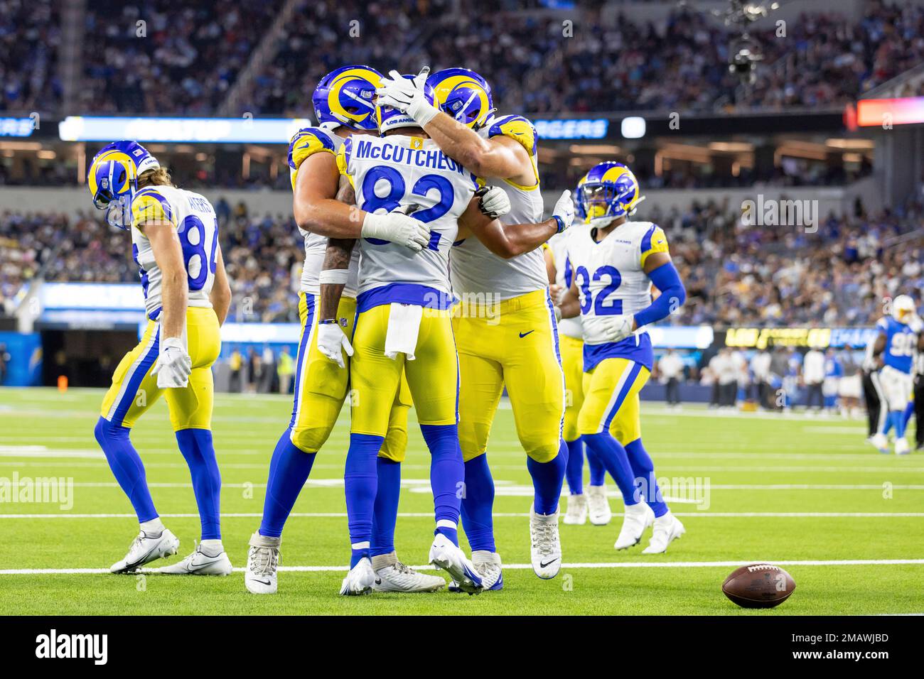 INGLEWOOD, CA - AUGUST 13: Los Angeles Rams wide receiver Lance McCutcheon  (82) runs after the catch during the NFL preseason football game against  the Los Angeles Chargers on August 13, 2022