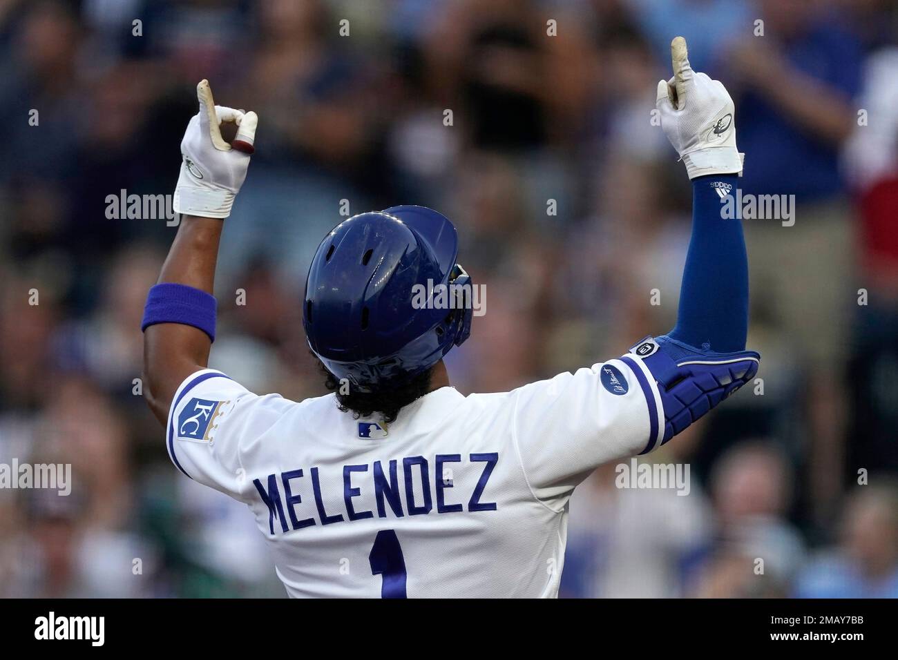 KANSAS CITY, MO - JUNE 17: Kansas City Royals right fielder MJ Melendez (1)  celebrates a 2-run home run in the fourth inning wearing a gladiator helmet  in the dugout of an