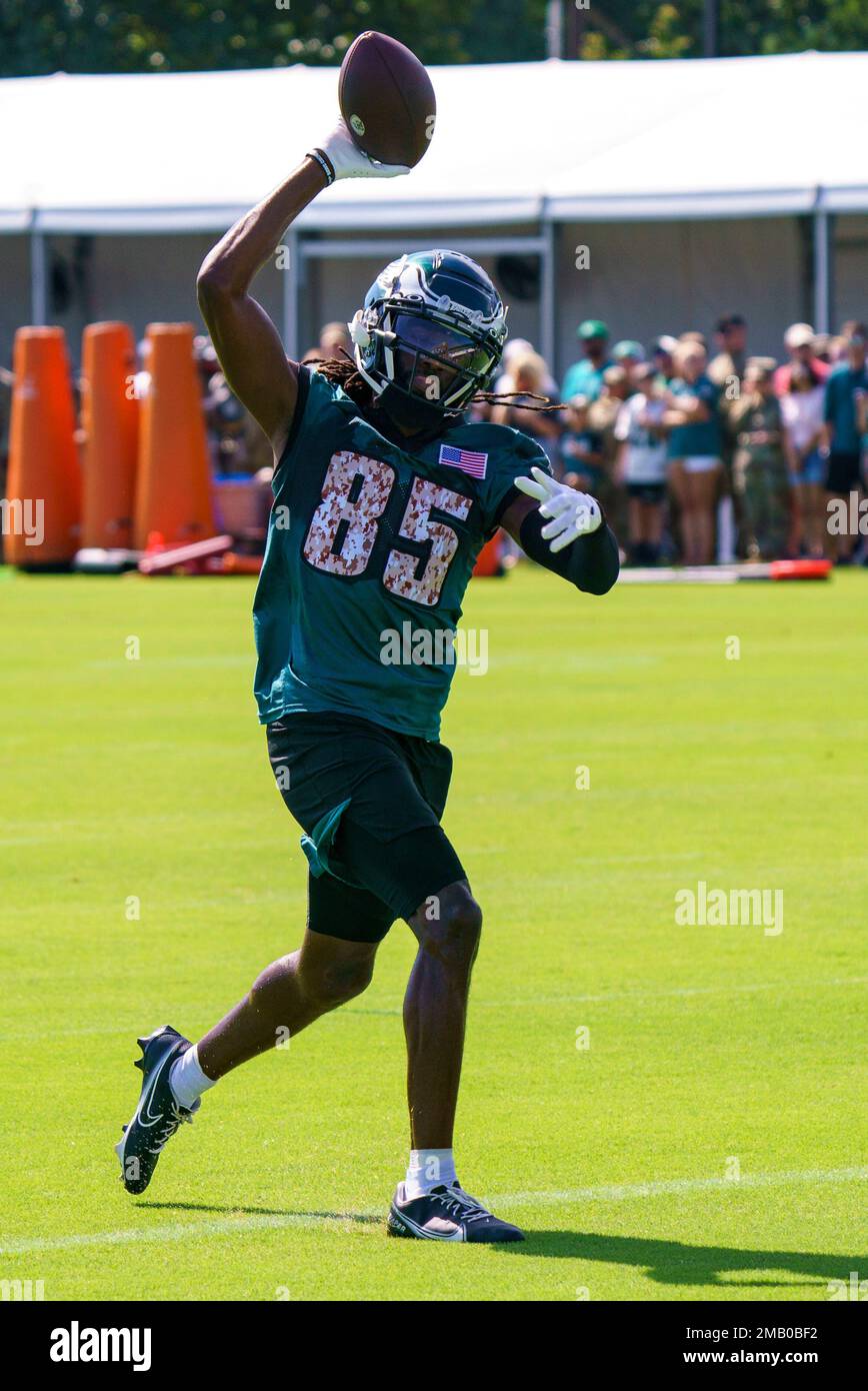 Philadelphia Eagles wide receiver Deon Cain (85) warms up prior to the  start of an NFL preseason football game against the Cleveland Browns,  Sunday, Aug. 21, 2022, in Cleveland. (AP Photo/Kirk Irwin