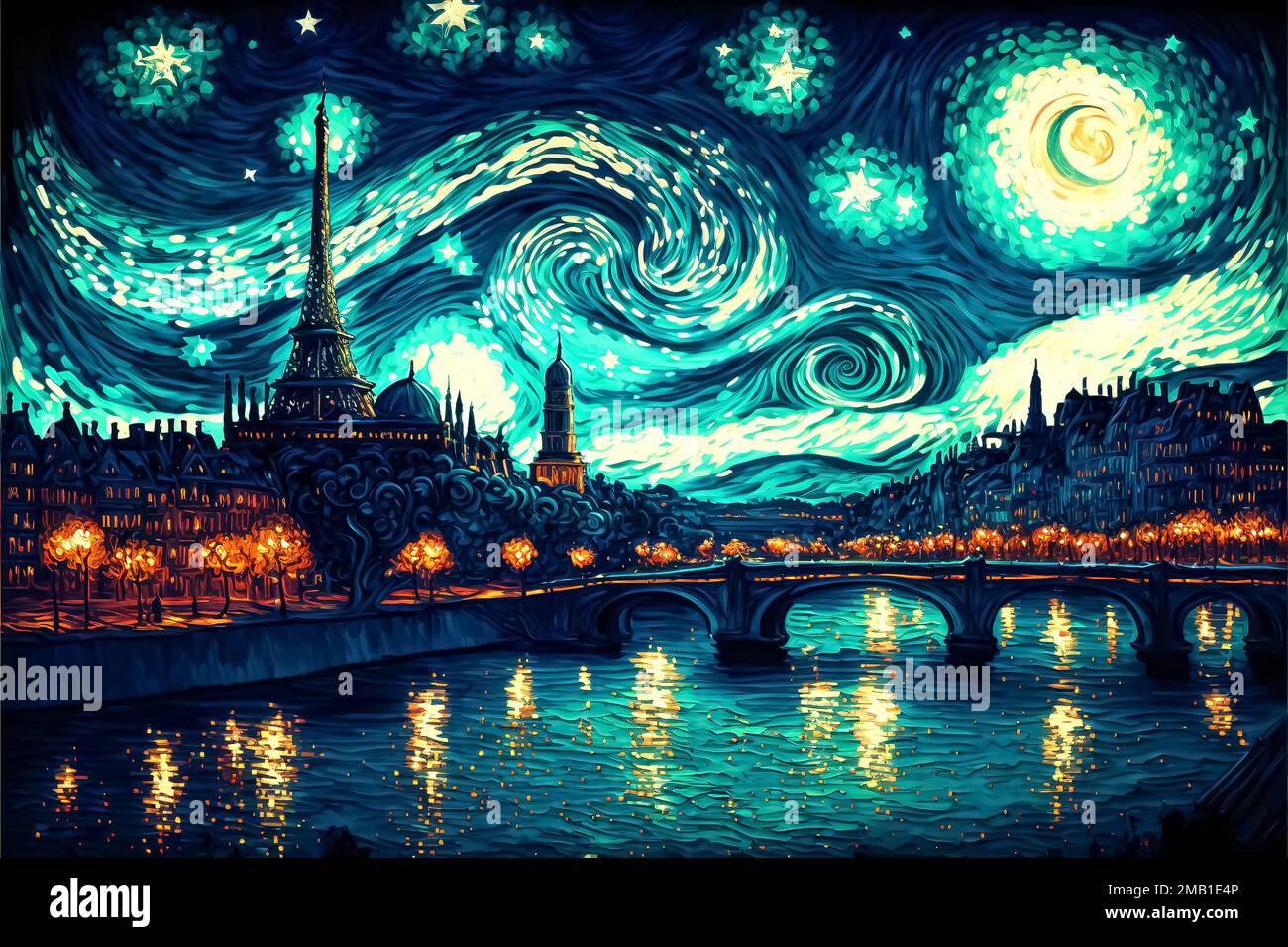 Pintura de arte digital Paisaje nocturno de la galaxia de París. 3d fondo colorido Foto de stock