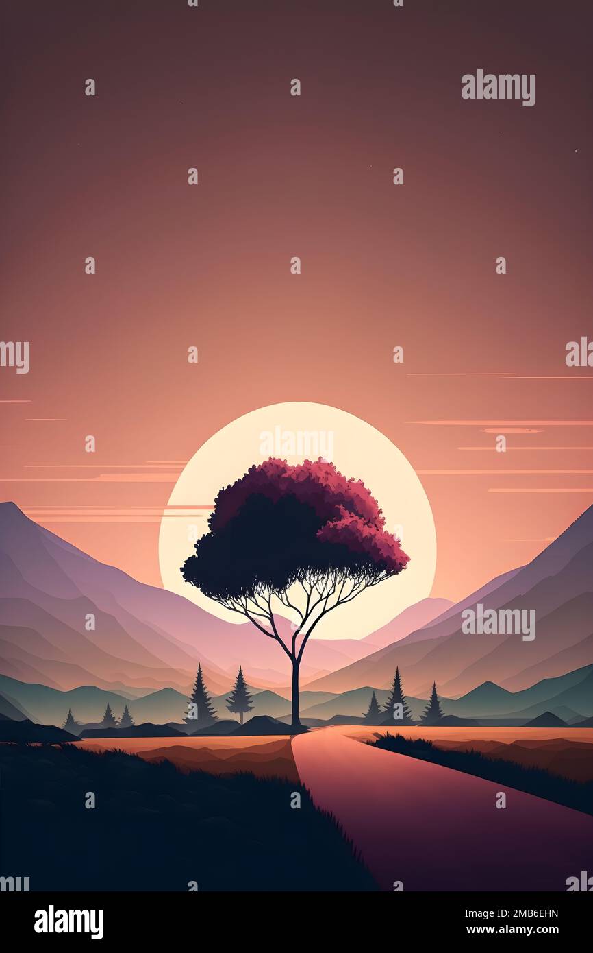 Fondo de pantalla de paisaje minimalista con un solo árbol. Diseño de  ilustración en 2D. IA generativa Fotografía de stock - Alamy