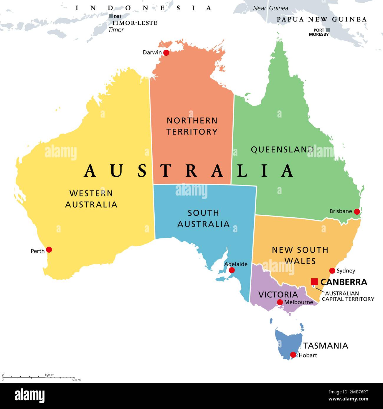 Australia, mapa político a color, con la capital Canberra, y los estados y territorios administrativos en diferentes colores. Foto de stock