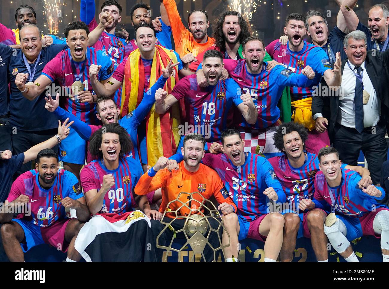 Team Barca celebrates with the trophy after winning the Final Four Champions League handball