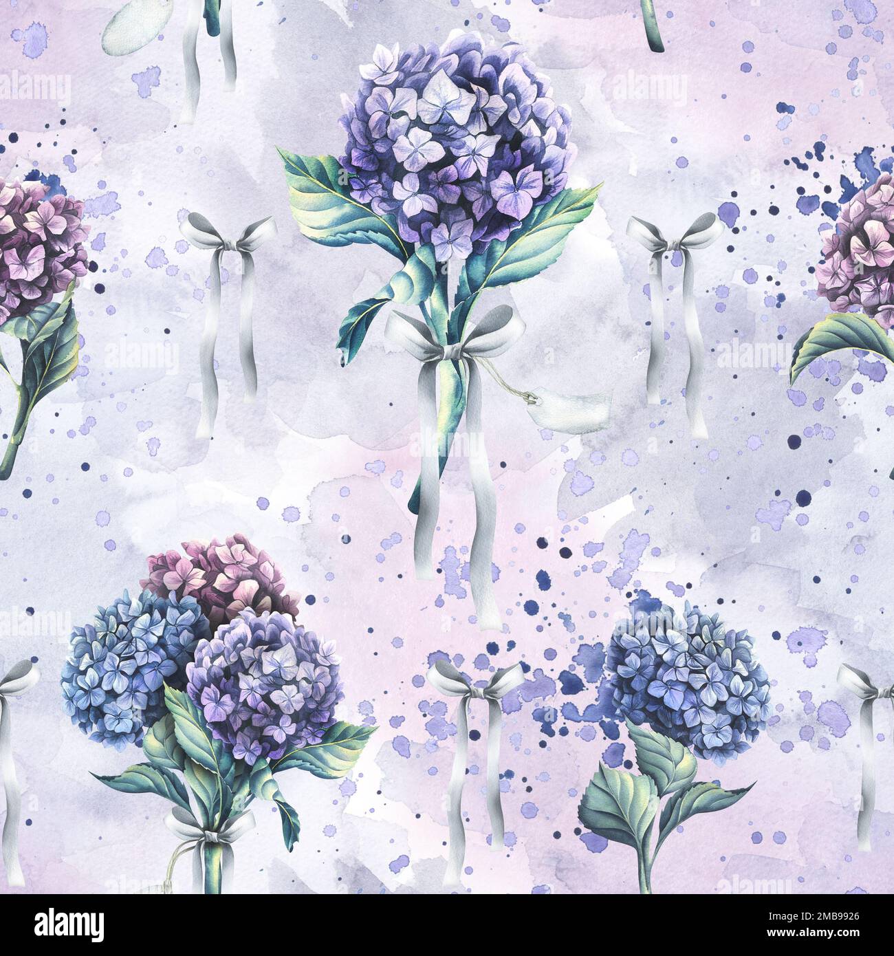 Las flores de hortensia son azules, lila y rosa, ramos con cinta de satén y  una etiqueta de papel para la inscripción. Ilustración de acuarela. Sin  costuras Fotografía de stock - Alamy
