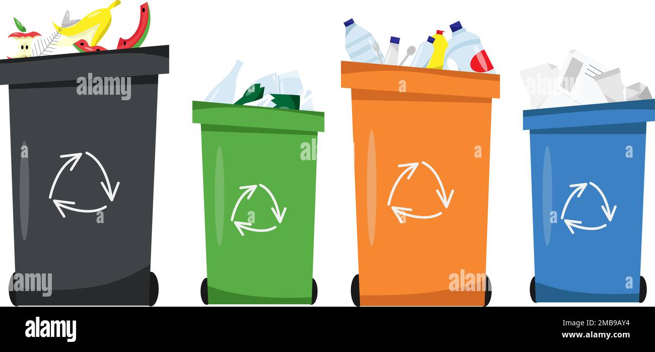 Contenedores de clasificación de basura. Papeleras de papel, vidrio,  plástico y basura orgánica para reciclaje. Juego de cubo de basura. Iconos  de utilización de residuos. Ilustración de concepto de vector de ahorro