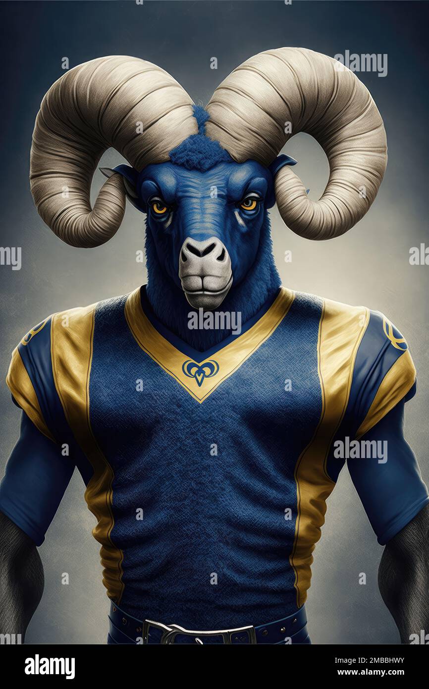 La mascota de Los Angeles Rams, un equipo de fútbol americano profesional,  se llama Rampage. Rampage es un carnero grande, antropomórfico con un azul  y YE Fotografía de stock - Alamy