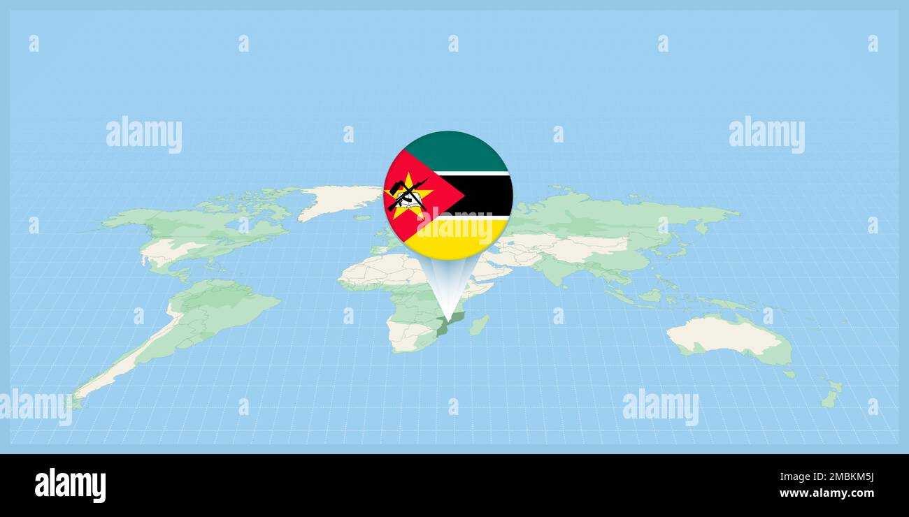 Ubicación de Mozambique en el mapa del mundo, marcado con el pin de la bandera de Mozambique. Ilustración vectorial cartográfica. Ilustración del Vector