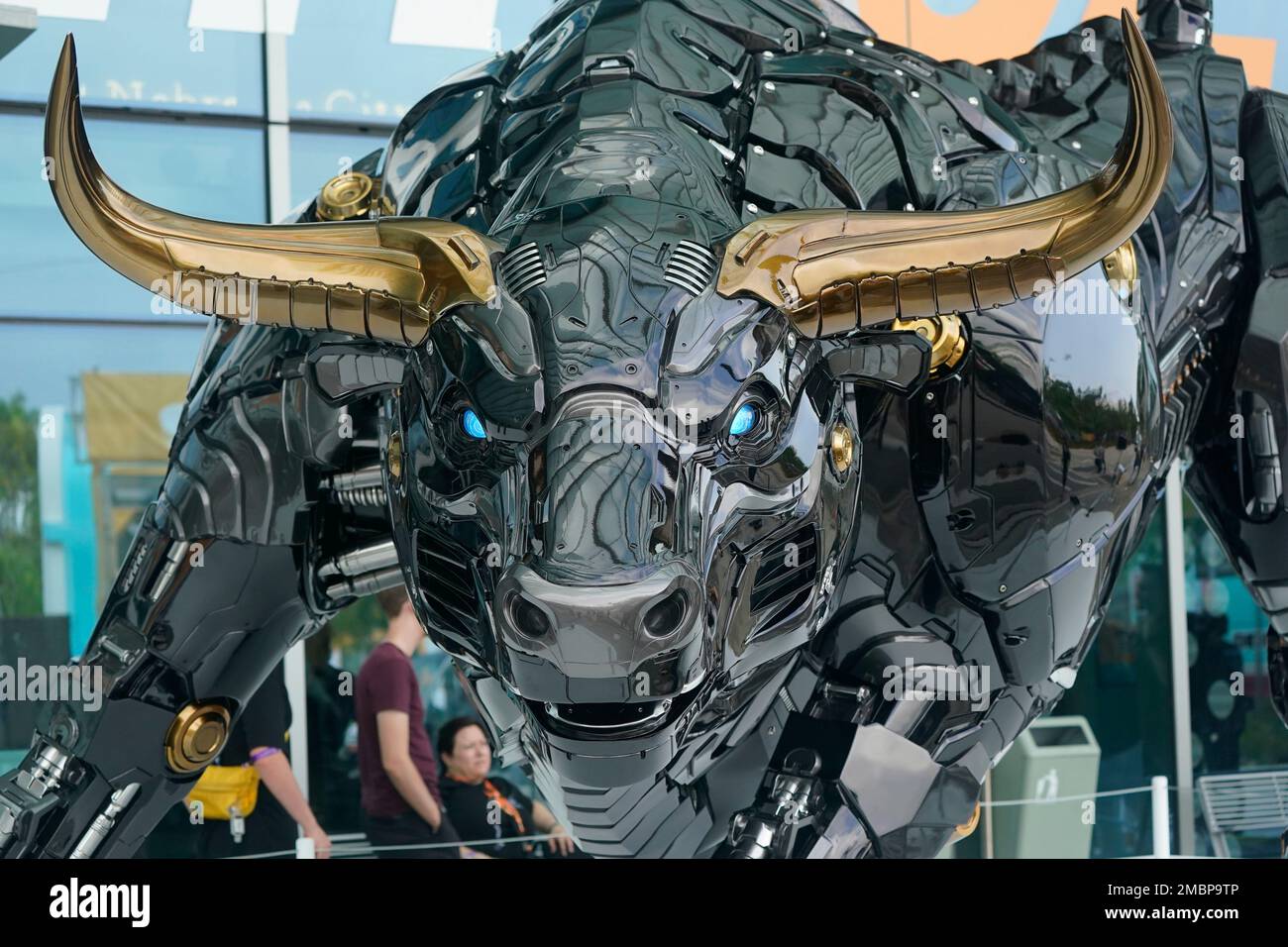 The Miami Bull is shown, Wednesday, April 6, 2022, at the Miami Beach  Convention Center in Miami Beach, Fla. The robot-like statue of a bull is  meant to emulate Wall Street's "Charging