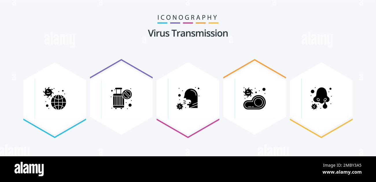 Transmisión de virus 25 Paquete de iconos de glifo que incluye la enfermedad. transmisión. tosa. carne. bacterias Ilustración del Vector