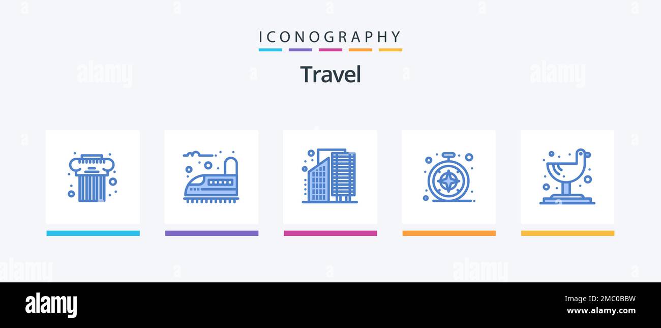 Travel Blue 5 Icon Pack incluyendo gaviota. safari. edificios. brújula. infraestructura. Diseño de iconos creativos Ilustración del Vector