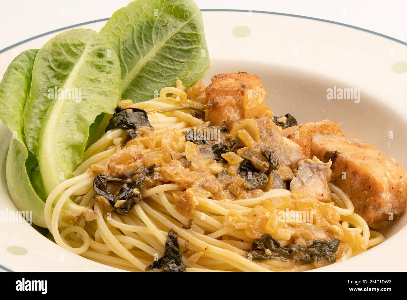 Vista de cerca de la cocina italiana, espaguetis cremosos caseros con espinacas, salmón y verduras verdes en plato de cerámica blanca sobre fondo blanco Foto de stock