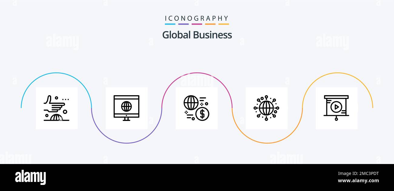 Paquete de iconos de la línea de negocio global 5, incluido el negocio. mundo. moneda. globo terráqueo. transacción Ilustración del Vector