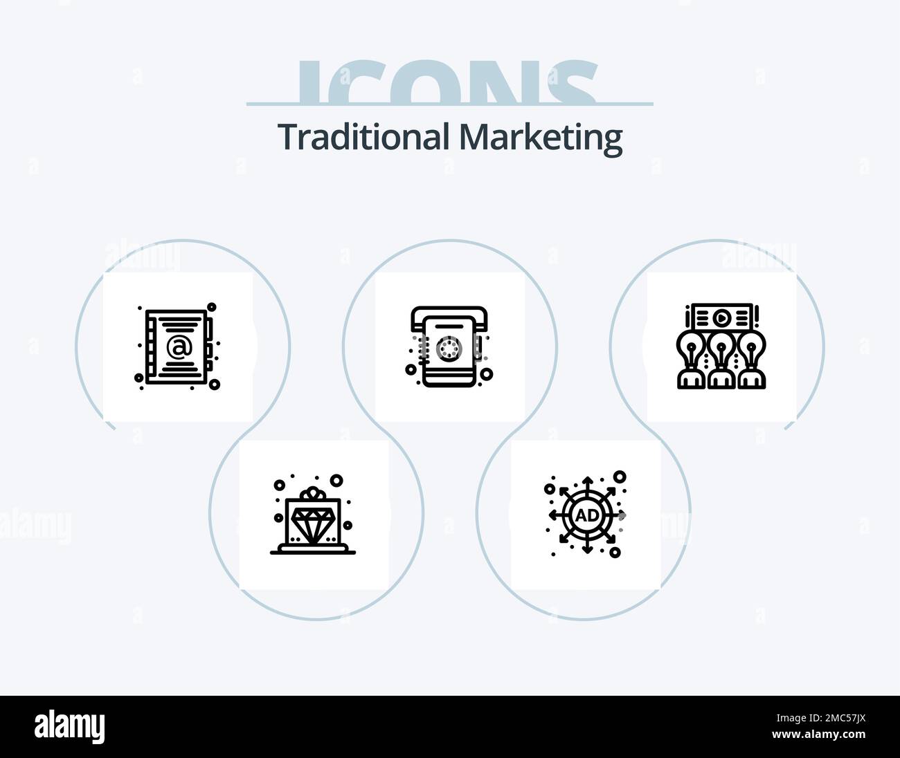 Línea de Marketing Tradicional Icon Pack 5 Icon Design. libro. servicio. catálogo. real. oferta Ilustración del Vector