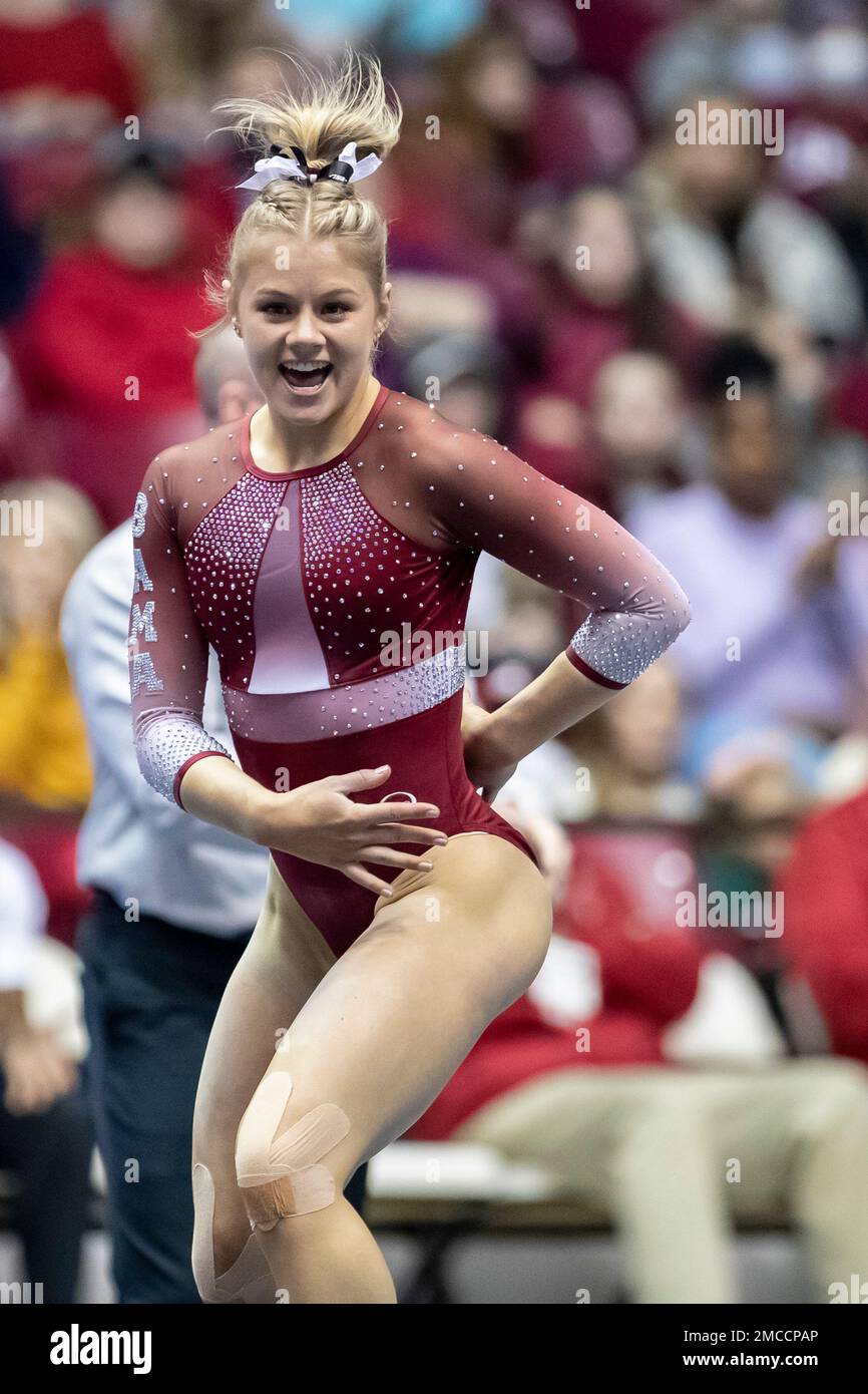 Alabama gymnast Mati Waligora competes on the floor during an NCAA