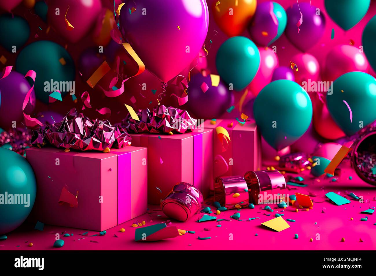 Banner de cumpleaños. Espacio Viva Magenta con regalos y elemento de  decoración de globos para el diseño de saludo IA generativa Fotografía de  stock - Alamy