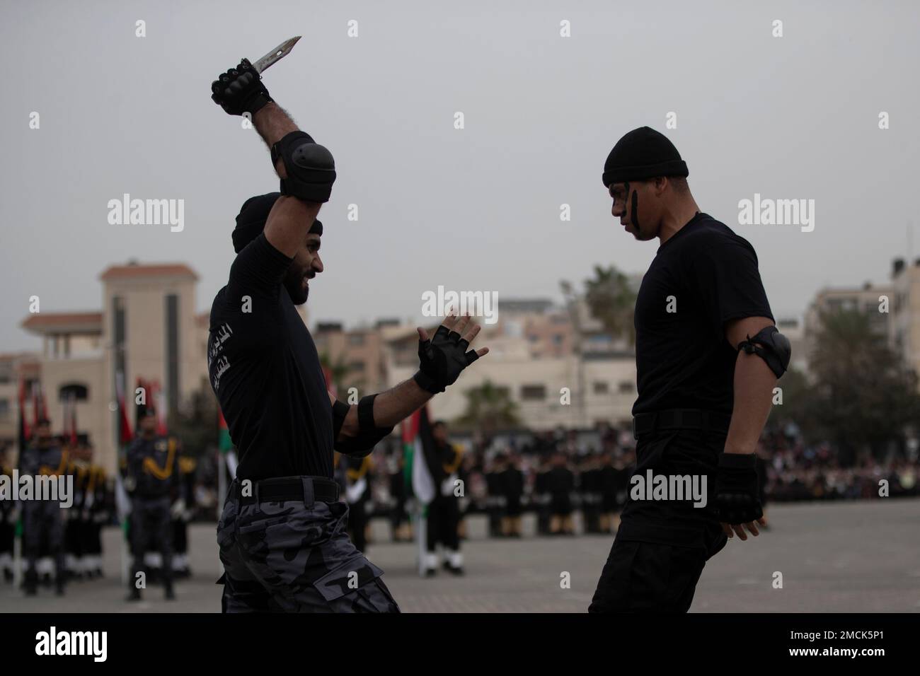 Members of the Palestinian security forces loyal to Hamas display their