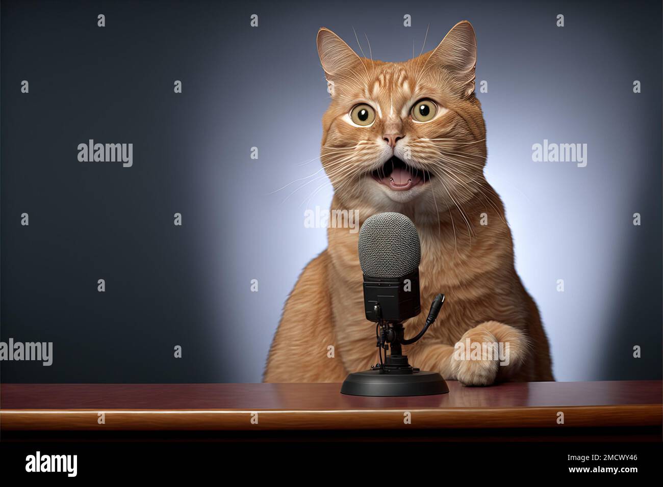un gato corriendo un programa de televisión en el micrófono ilustración  generativa ai Fotografía de stock - Alamy
