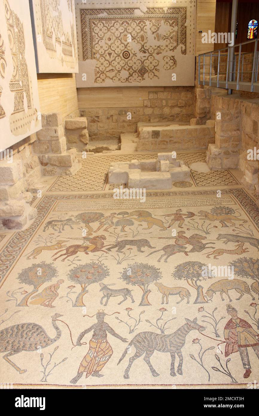 Diakonikon Bapistery Mosaic, Monte Nebo, Jordania Foto de stock