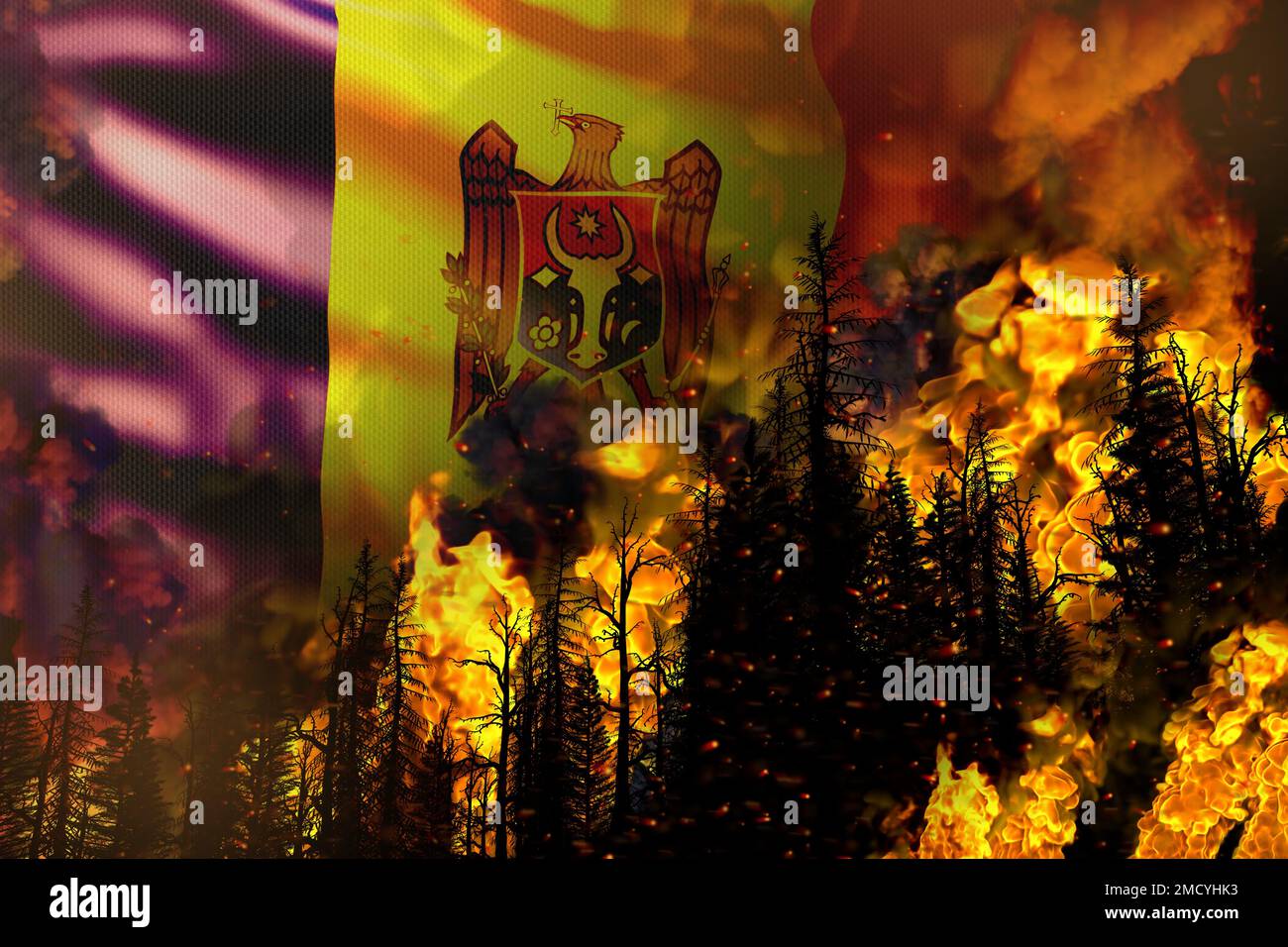 Concepto de desastre natural de incendio forestal - fuego infernal en los árboles en el fondo de la bandera de Moldavia - ilustración 3D de la naturaleza Foto de stock