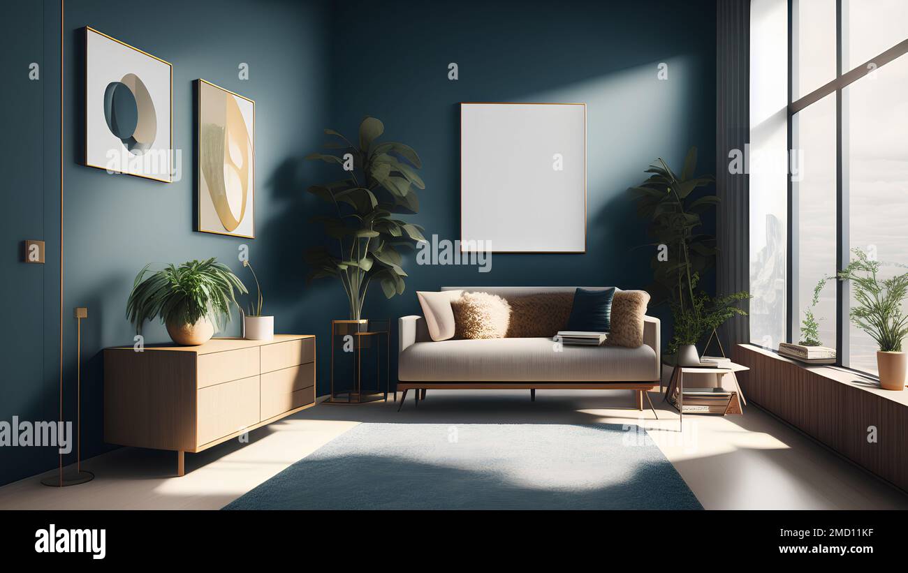 Salón con sofá beige, cómoda de madera, cartel vacío para producto,  alfombra y ventana. Diseño de decoración para el hogar. Plantilla  Fotografía de stock - Alamy