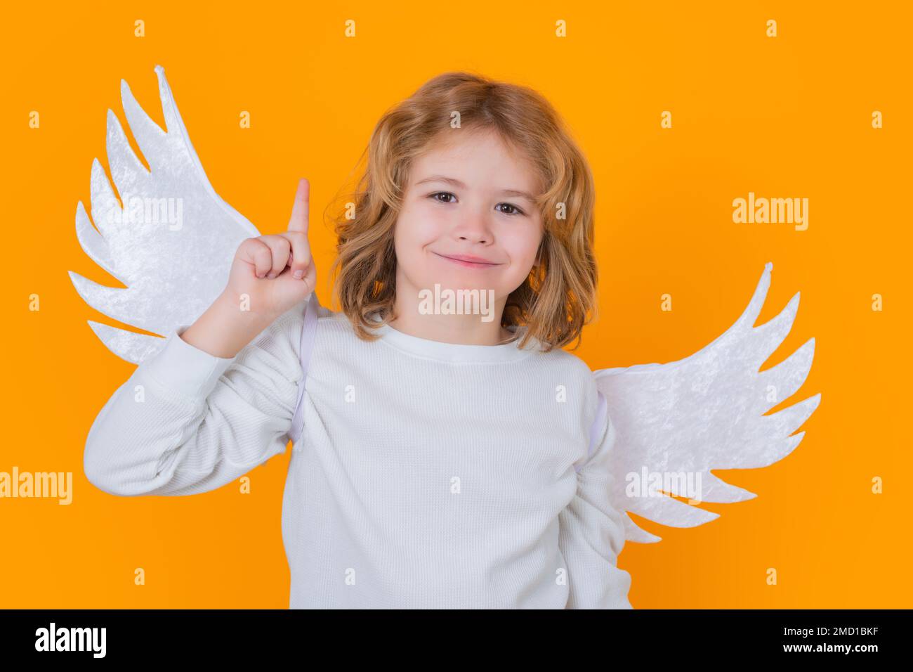 Ángel niño apuntando hacia arriba, gesto de punto, idea. Pequeño niño lindo en traje de ángel en fondo aislado. Niño con alas de ángel. Disparo de estudio aislado. F Foto de stock