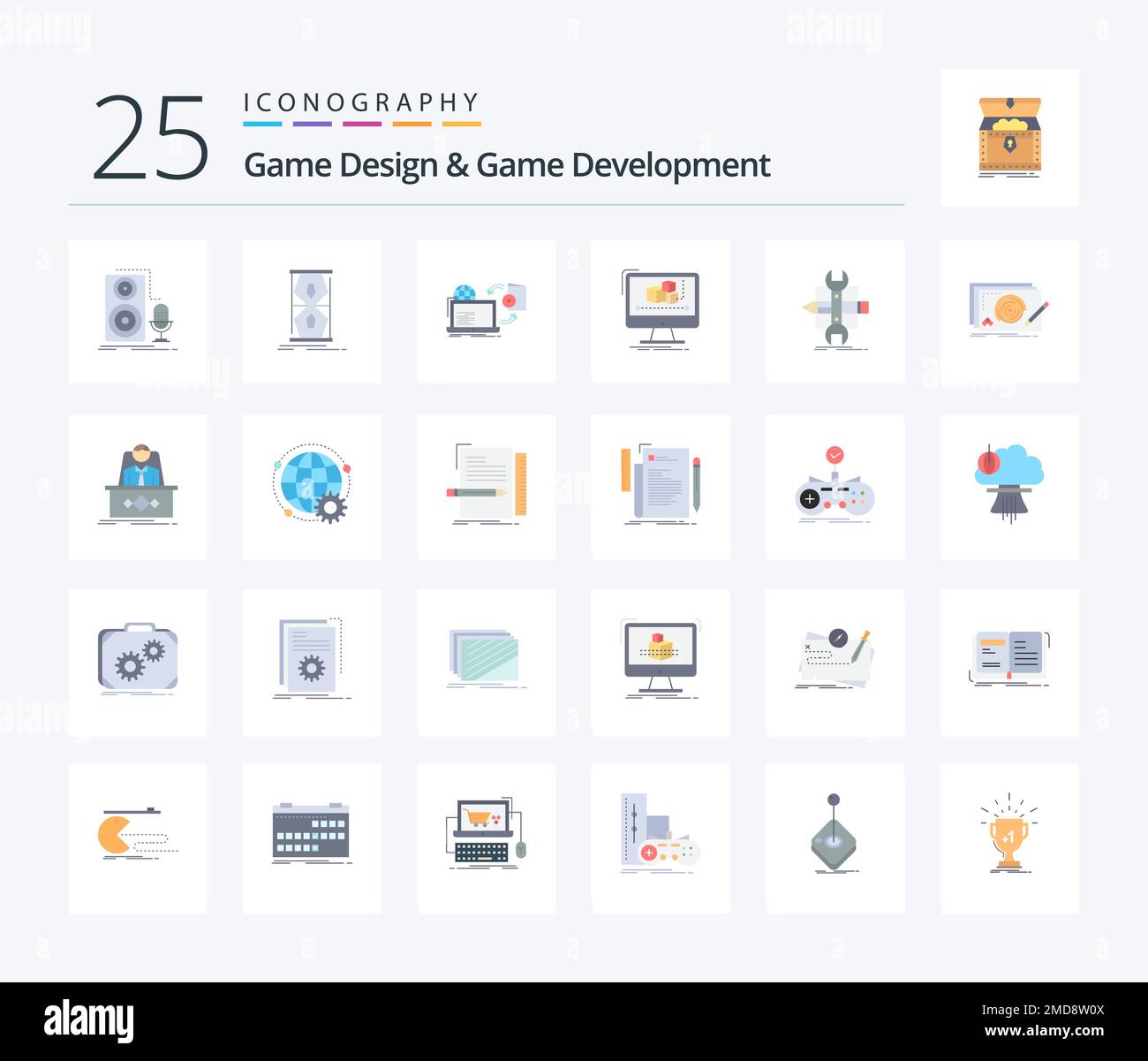 Diseño de juegos y desarrollo de juegos 25 paquete de iconos de color plano que incluye editor. animación. reloj de arena. publicación. juego Ilustración del Vector