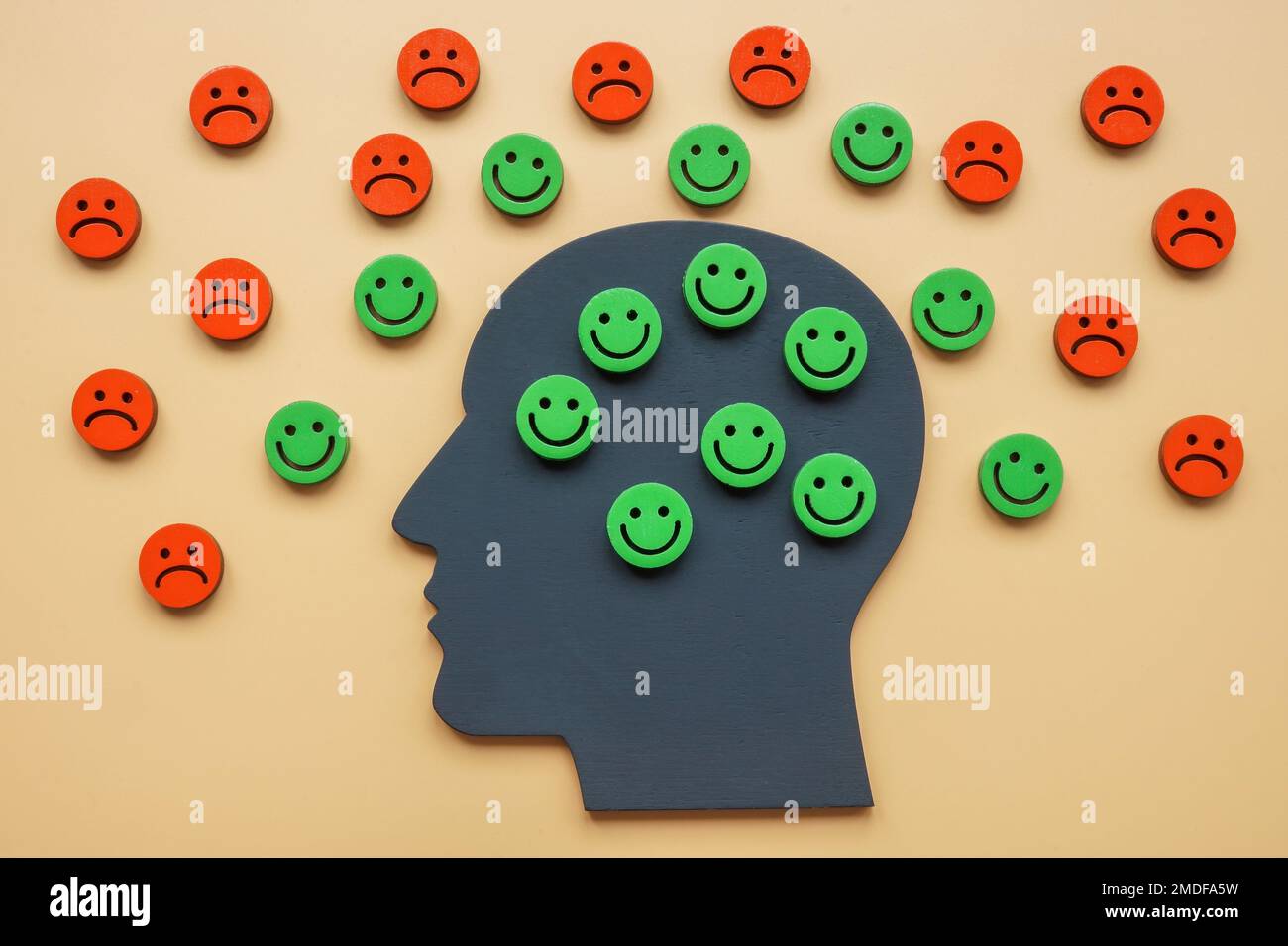 Una cabeza con emoticonos felices y un alrededor triste como símbolo de una actitud positiva. Foto de stock