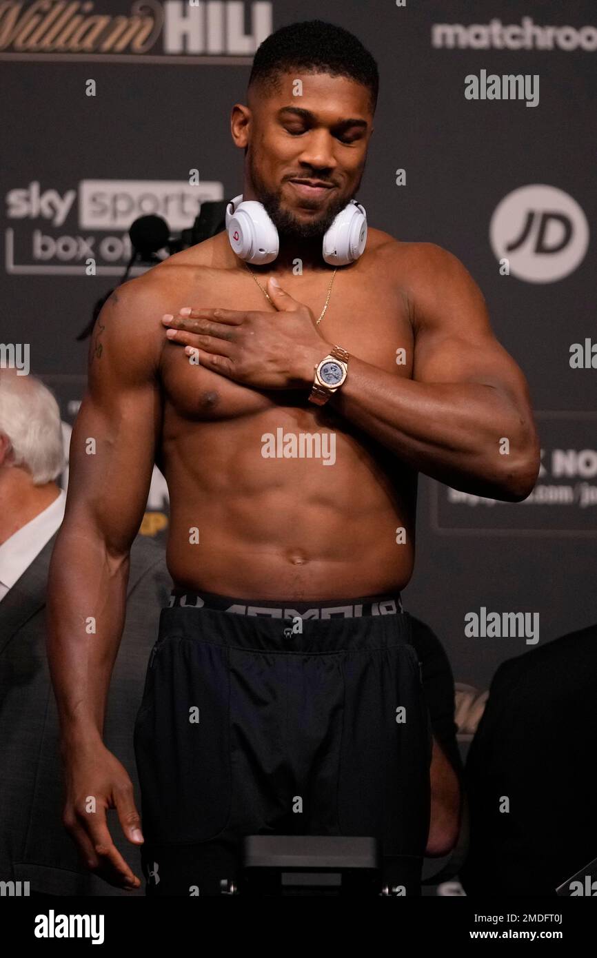 Britain's Anthony Joshua poses during the weigh for his heavyweight