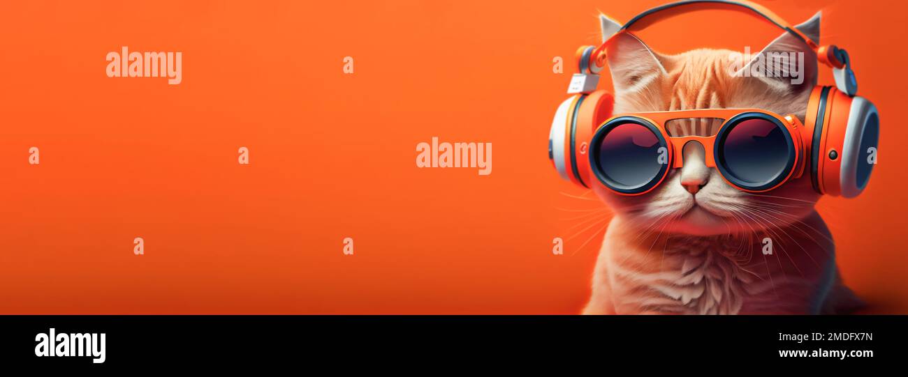 Un gato de pelo rojo con auriculares y gafas de moda escucha música  electrónica ácida en un panorama de fondo naranja vacío Fotografía de stock  - Alamy
