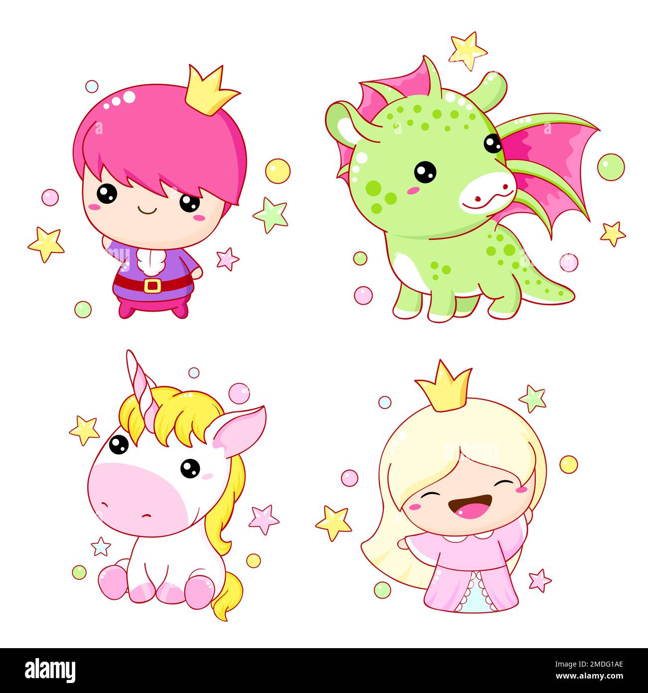 Conjunto De Personajes De Cuento De Hadas Kawaii Pequeña Princesa Príncipe Unicornio Y Dragón