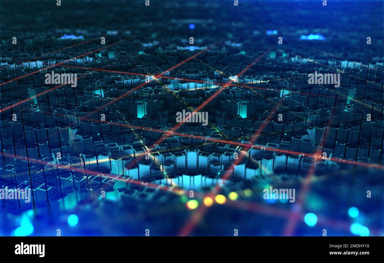 Ciudad digital. Ciberespacio global. 3D Ilustración de las tecnologías inalámbricas de Internet. Base de datos, blockchain network, evolución digital Foto de stock