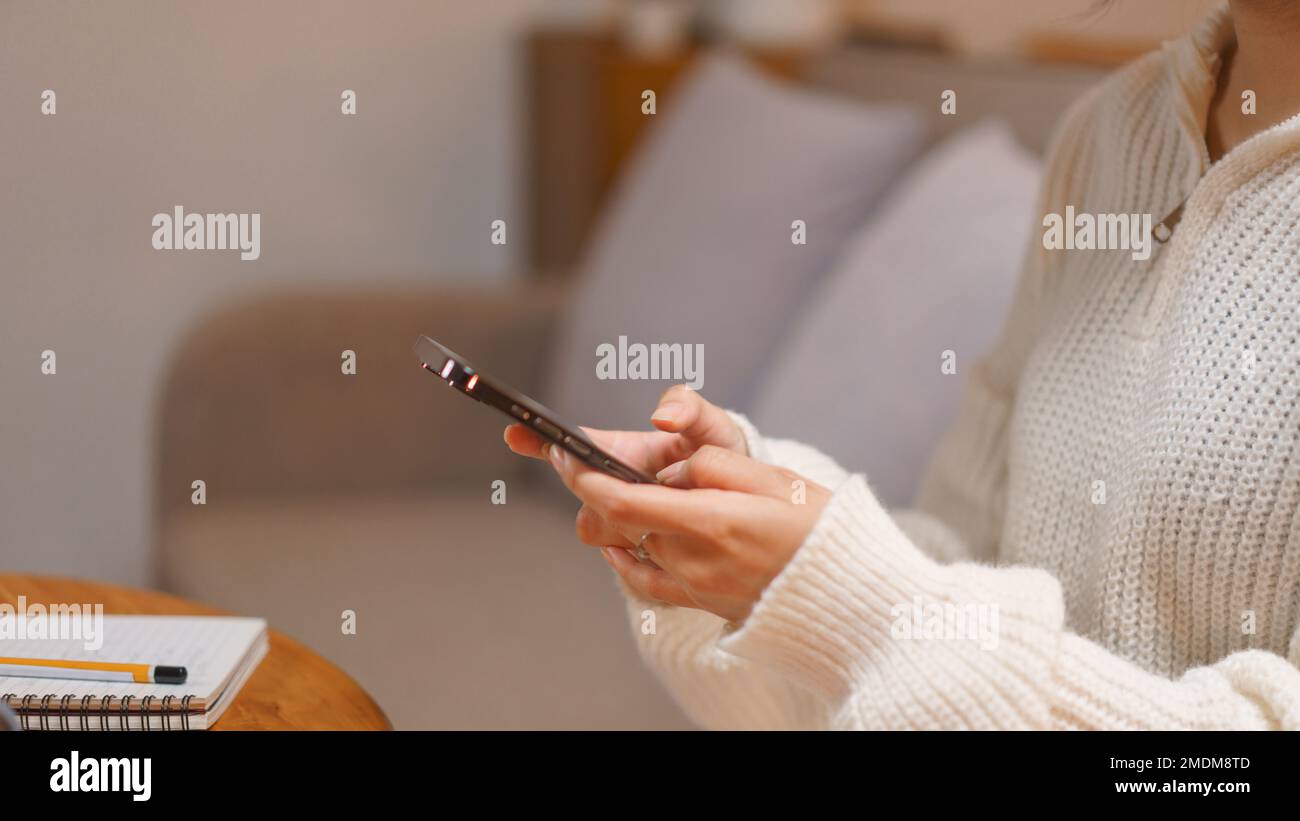 Concepto de estilo de vida en el hogar, mujer joven que navega por las redes sociales en el teléfono inteligente en la noche en invierno. Foto de stock