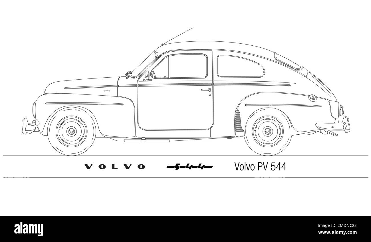 Suecia, año 1958, Volvo PV 544 silueta, coche clásico vintage sueco delineado en el fondo blanco, ilustración Foto de stock