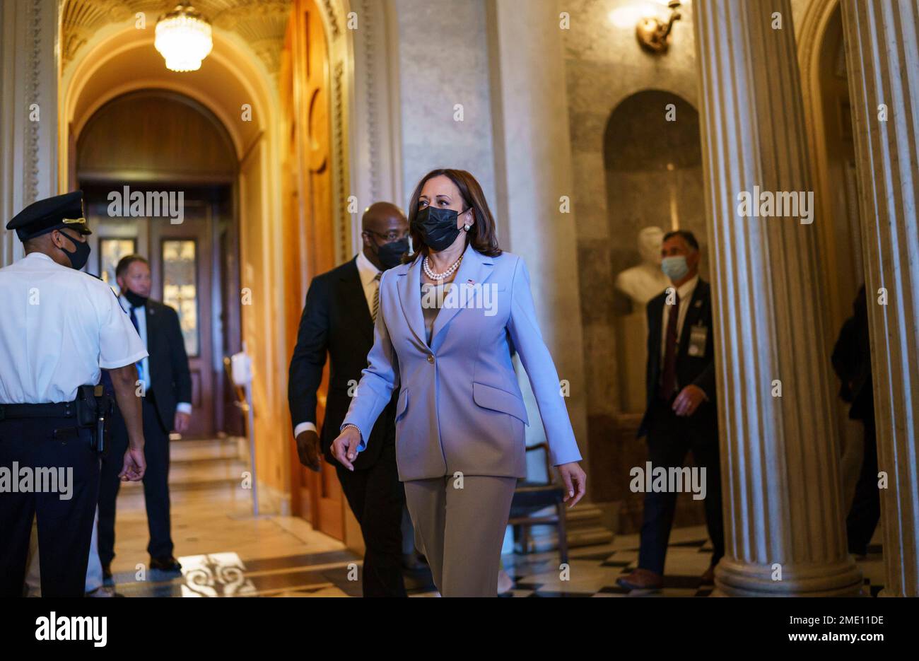 Vice President Kamala Harris Joined By Sen Raphael Warnock D Ga Rear Departs The Senate As