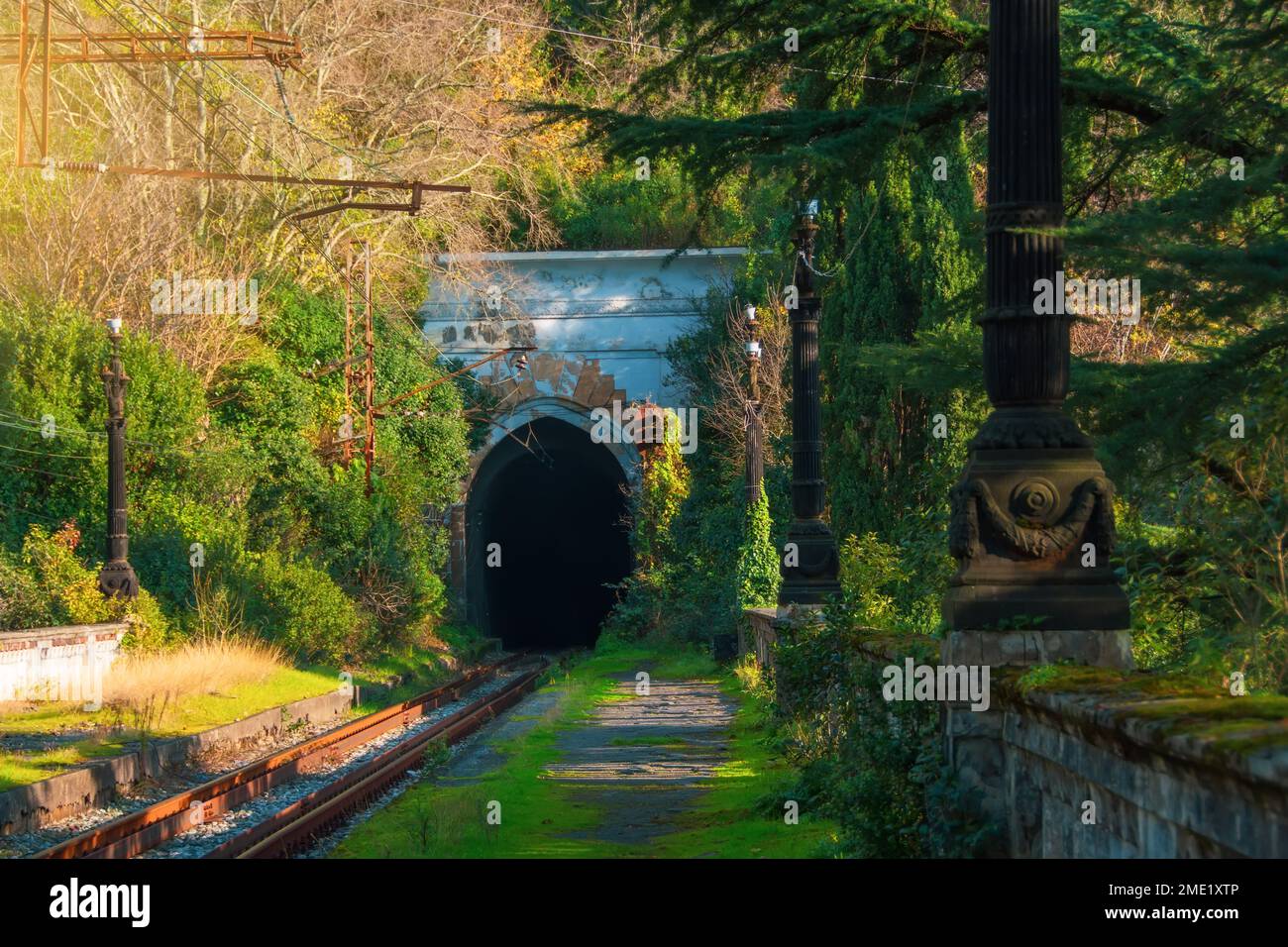 Viejas vías ferroviarias electrificadas y bosques de túneles Foto de stock