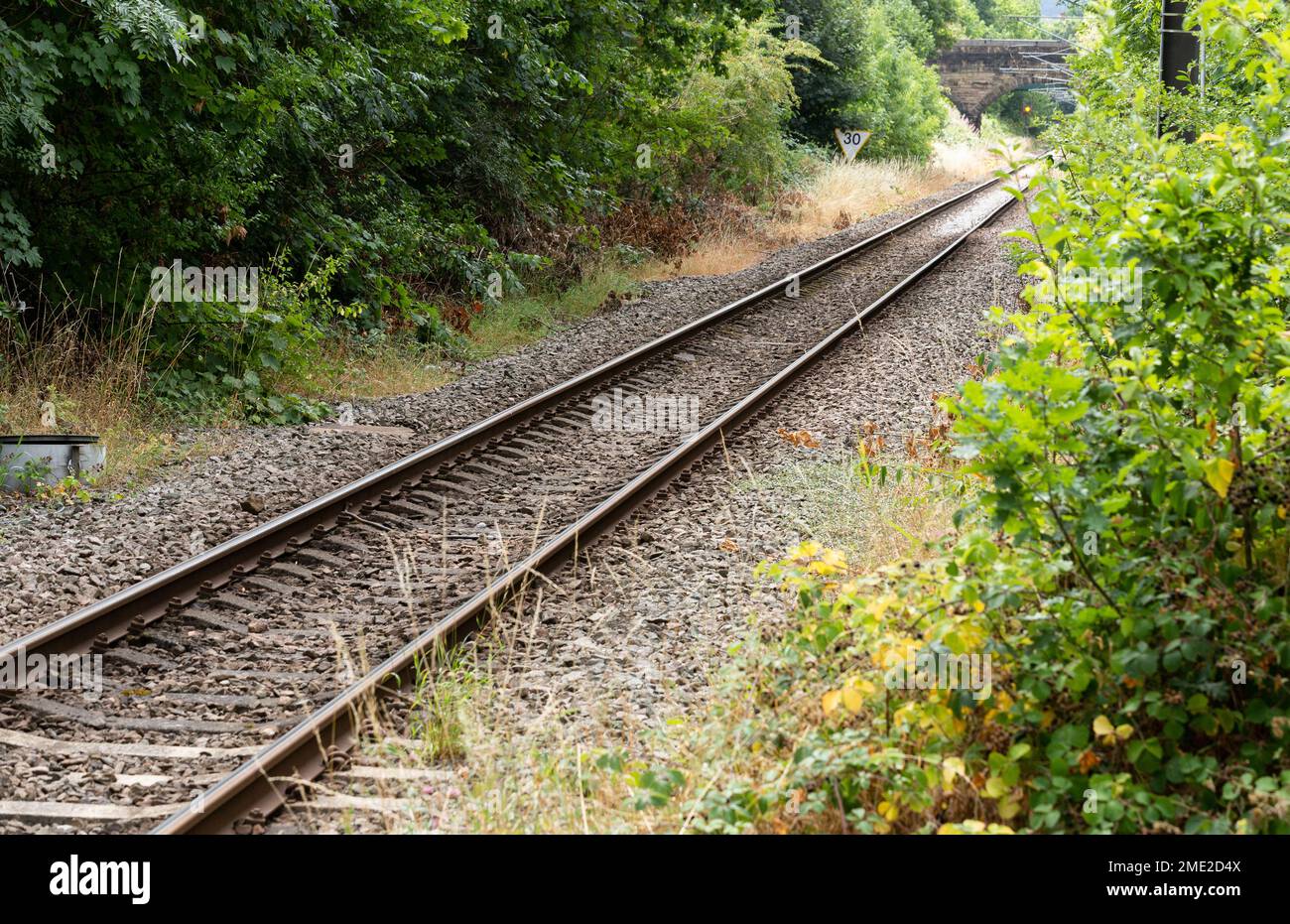 Una línea de ferrocarril de una sola vía que conduce a la distancia. Foto de stock