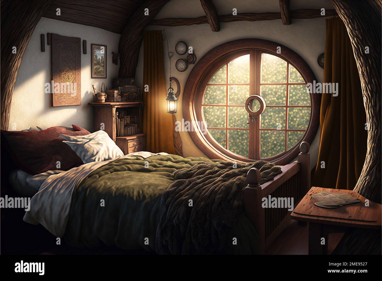 Interior de la casa de Hobbit, dentro de la cabaña de madera de la fantasía en el bosque, AI generativa. Dormitorio vintage en habitación de cuento de hadas con ventana redonda. Tema de la naturaleza, Foto de stock