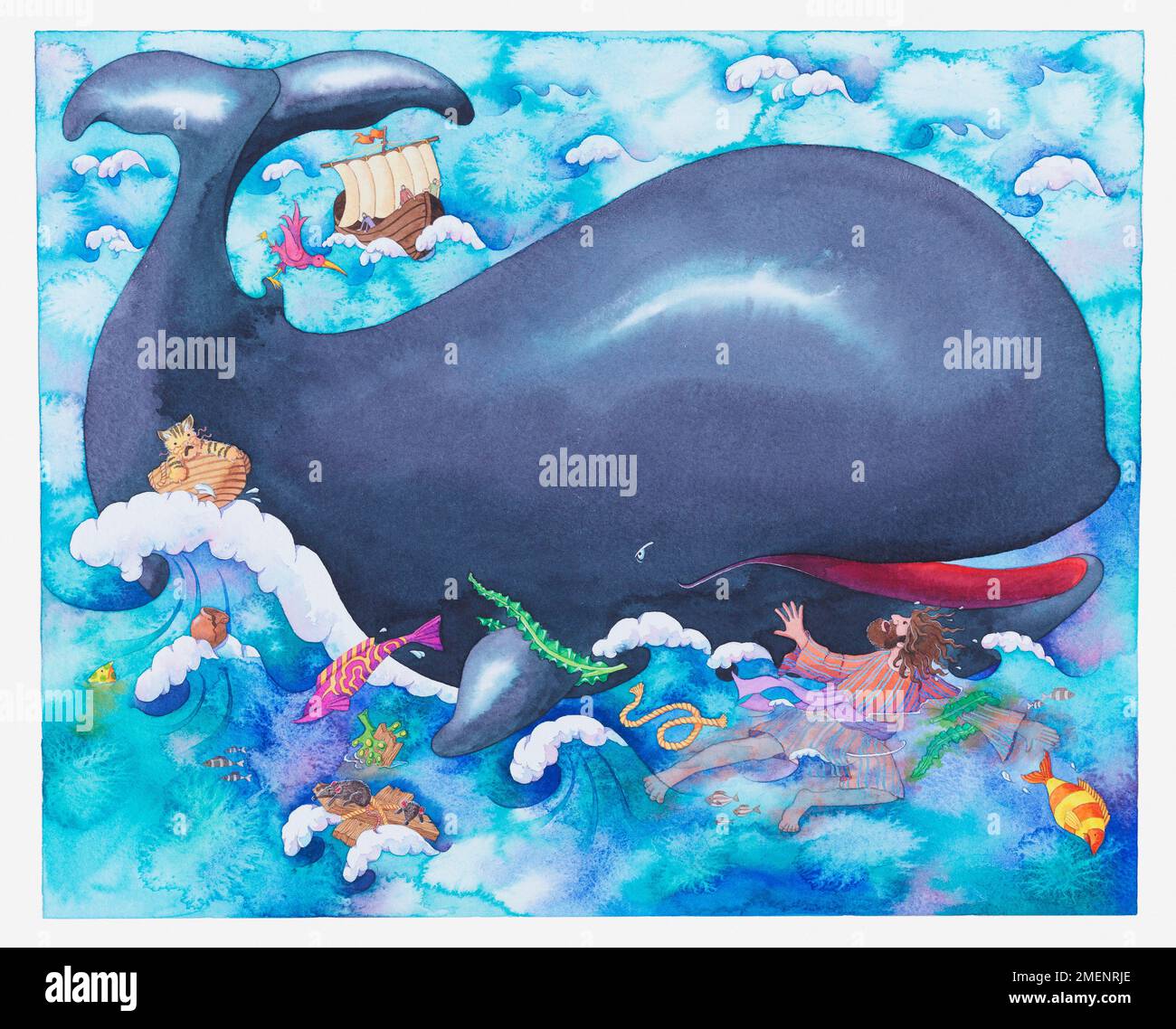 La gran ballena de la historia de Jonás y la ballena en un mar