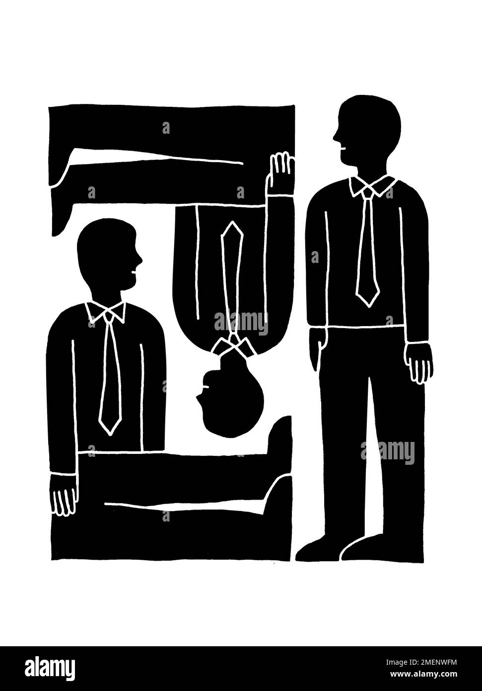 Ilustración en blanco y negro de tres hombres de negocios en forma abstracta Foto de stock