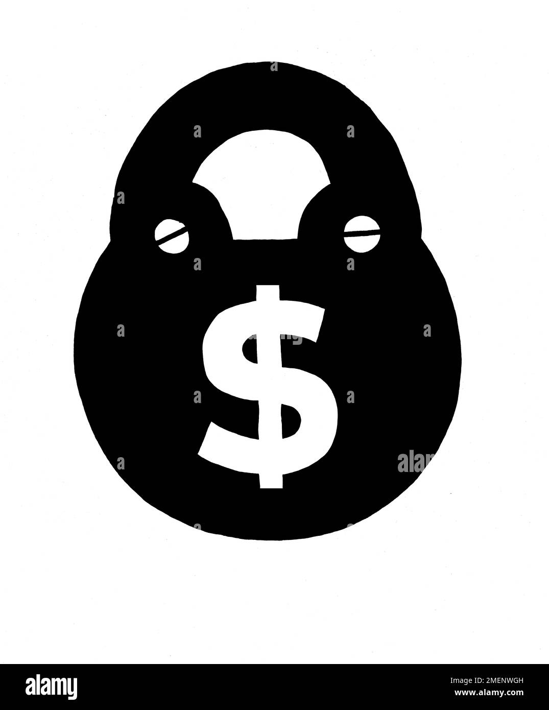 Ilustración en blanco y negro de un signo de dólar como el ojo de la cerradura en un candado Foto de stock