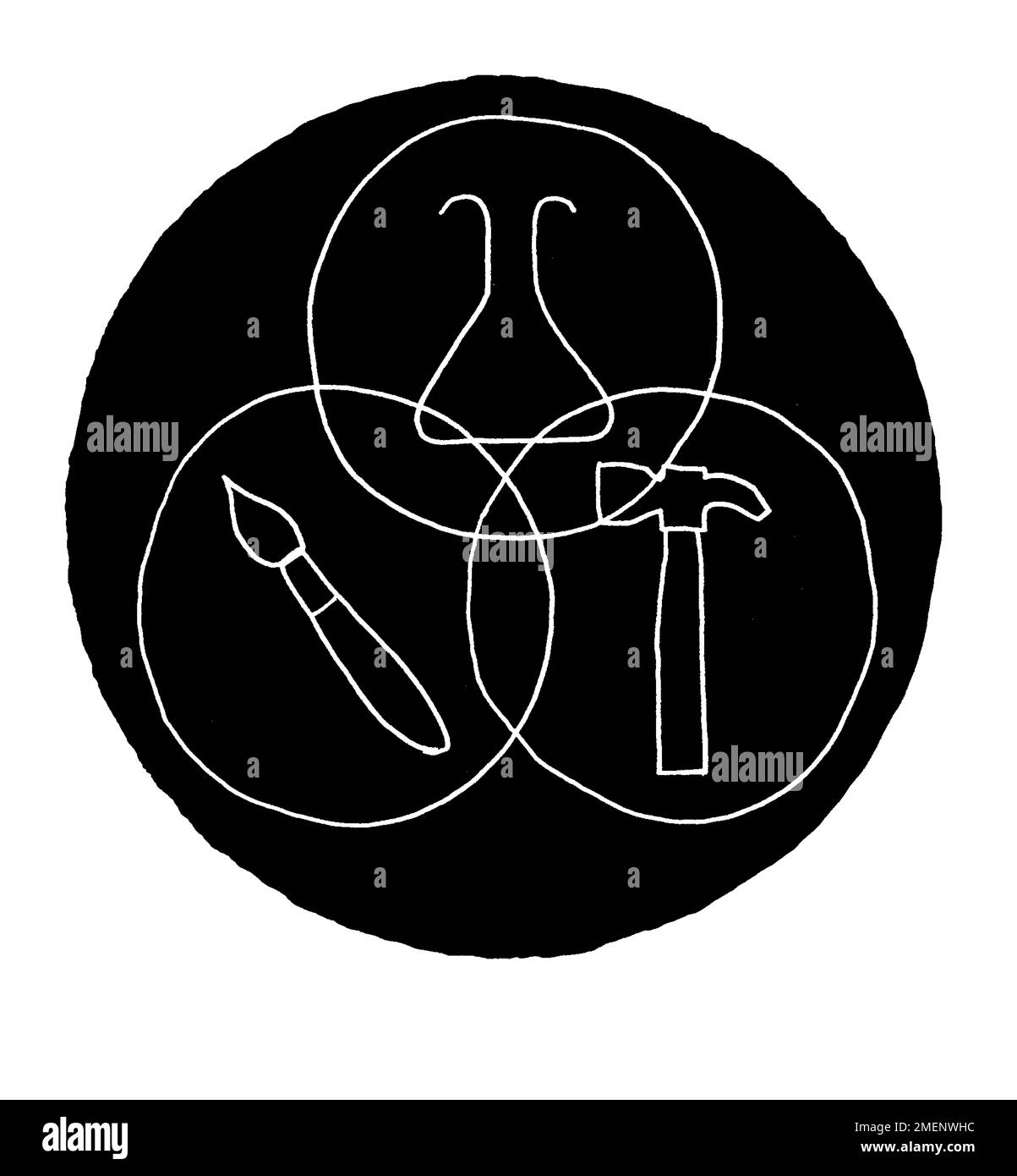Ilustración en blanco y negro de círculo que contiene contornos de un pincel, vaso de ciencia y un martillo, que representa el arte, la ciencia y la artesanía Foto de stock