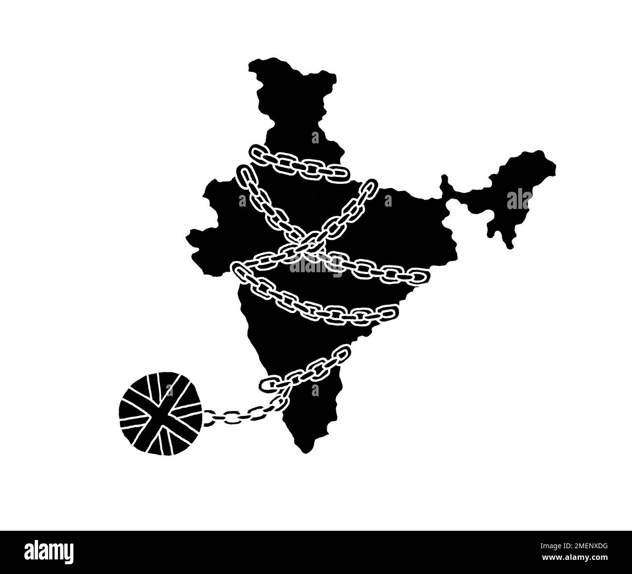Ilustración en blanco y negro de la India encadenada al Reino Unido Foto de stock