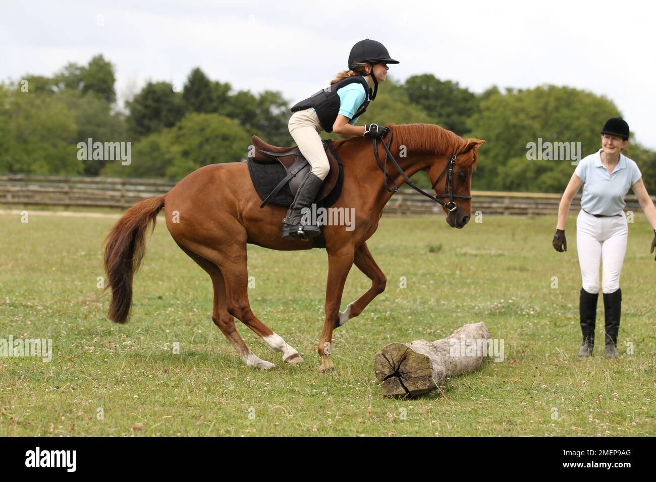 Chica montando pony castaño sobre el tronco en el paddock durante la lección de equitación como instructora mira, vista lateral Foto de stock