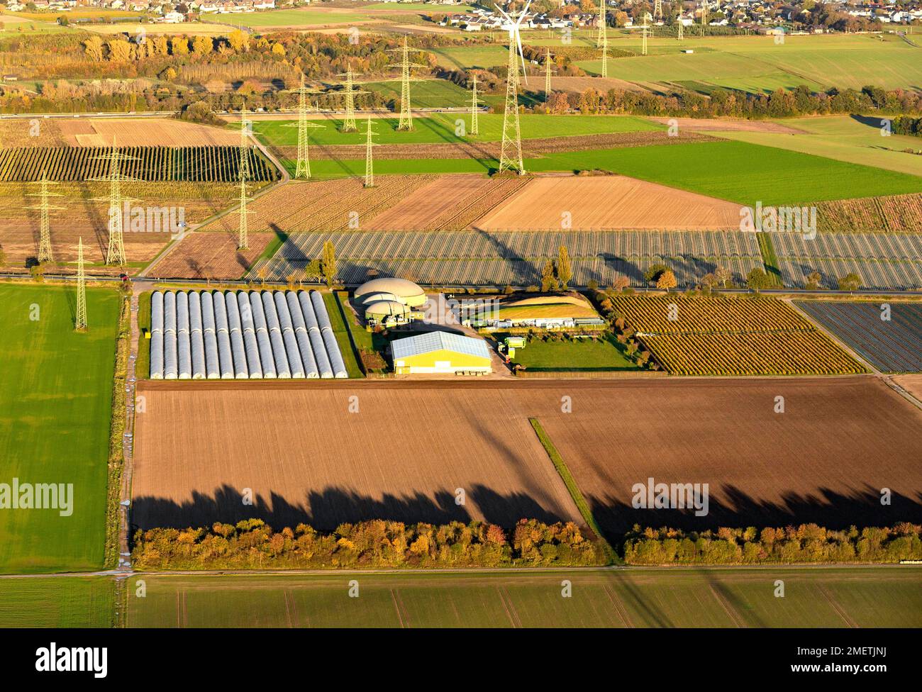 Planta de biogás y líneas eléctricas de alta tensión, Sechtem, Bornheim, Renania del Norte-Westfalia, Alemania Foto de stock